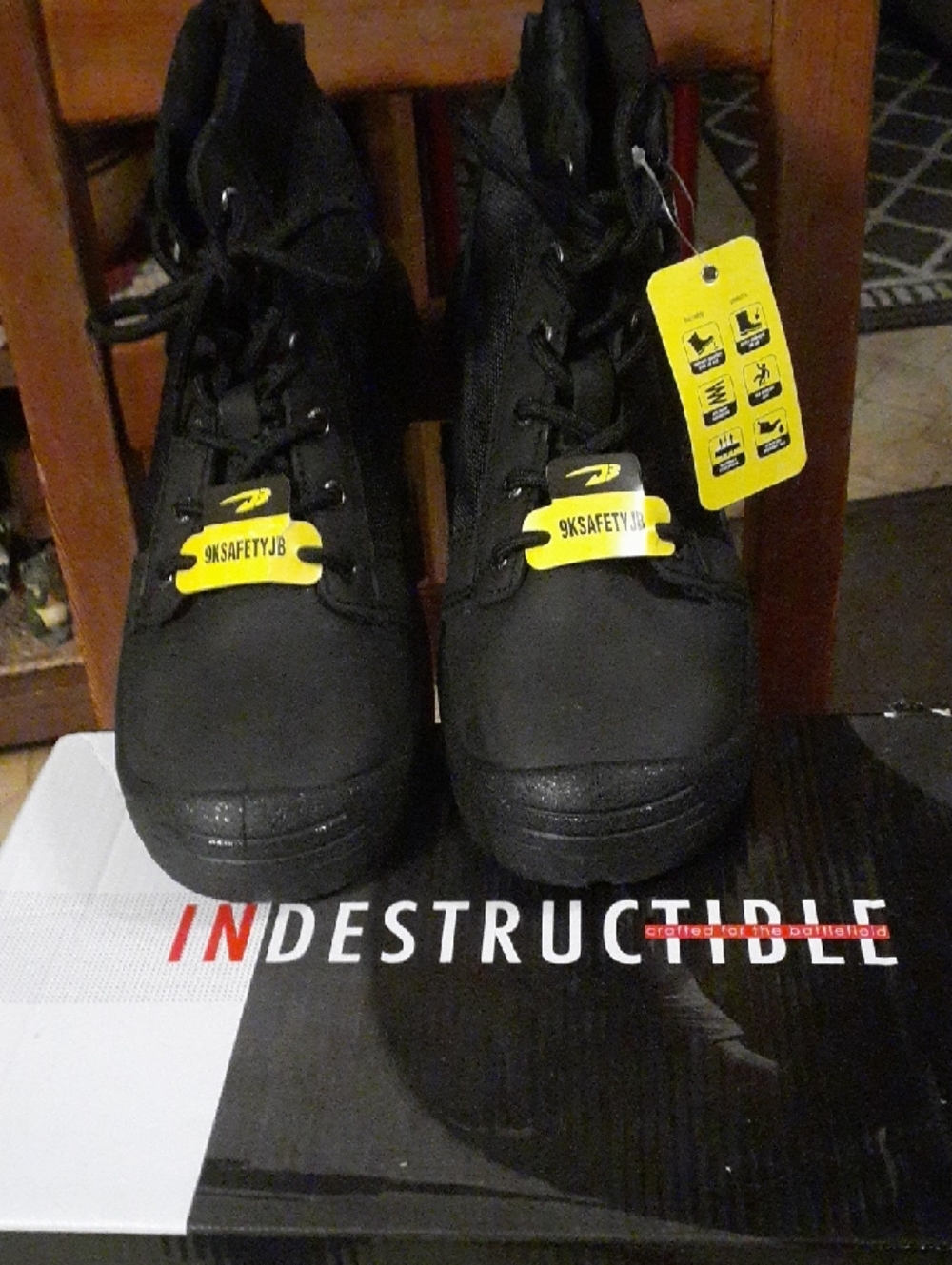 Indestructible Black Safety Boots with Yellow Tags